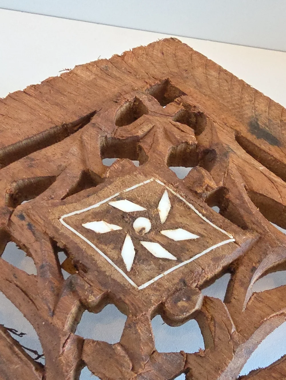 Vintage 1970's Hand Carved Wood Trivet with Tab Feet India -Set Of 2